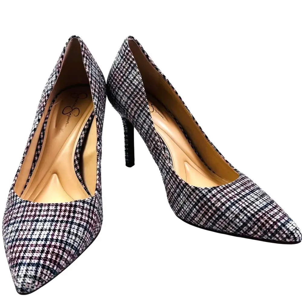 Jessica Simpson Nettles Plaid Preppy Sparkle Rhinestone Pumps Women's Size 6.5